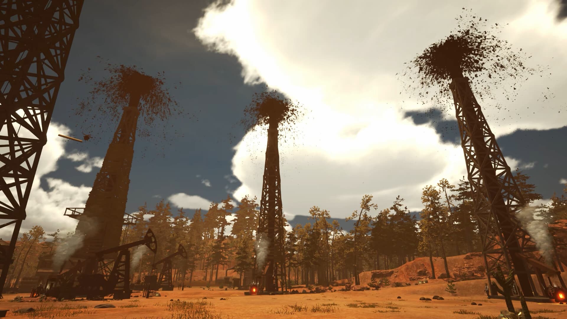 Official Black Gold screenshot of active derricks across the oil field